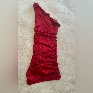 One Shoulder Body Con Hot Pink Satin Ruched Dress